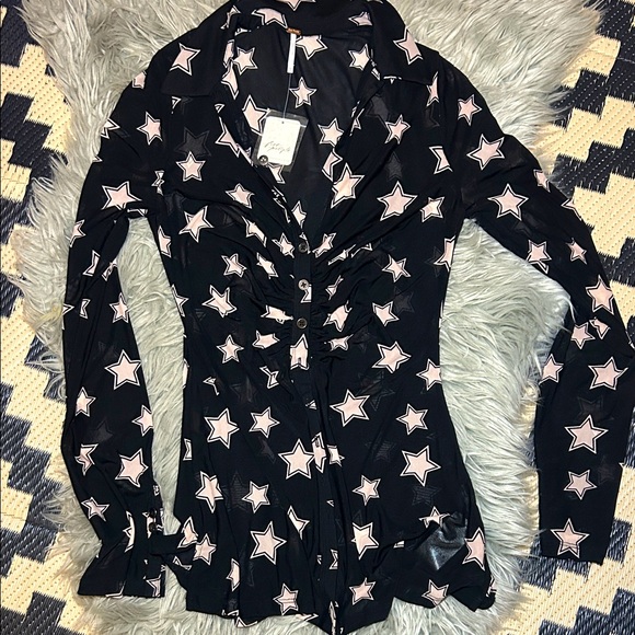 NWT Free People Y2K Style Black Star Patterned Semi Sheer Button Down Shirt - Picture 1 of 5